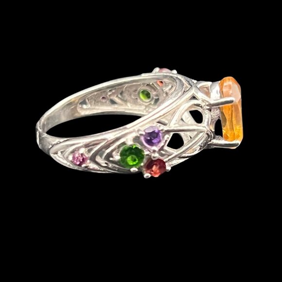 Citrine, Garnest, Amethyst and Emerald Ring Sterling Silver Ring Size 7 Stamped - Picture 3 of 9